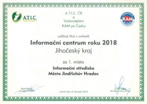 Jindřichův Hradec získal opět zlatý titul "Informační centrum roku 2018" v Jihočeském kraji